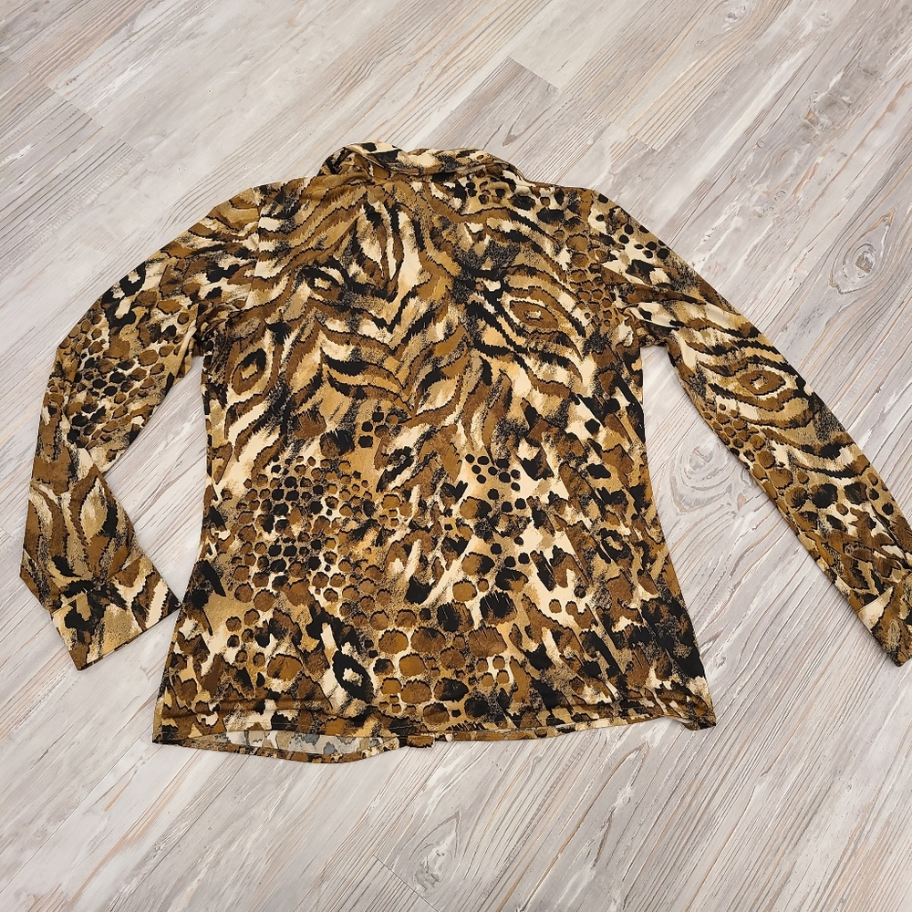 Melanie Lyne Size 12 Animal Print Stretch Button Up Collar Blouse - Picture 2 of 7